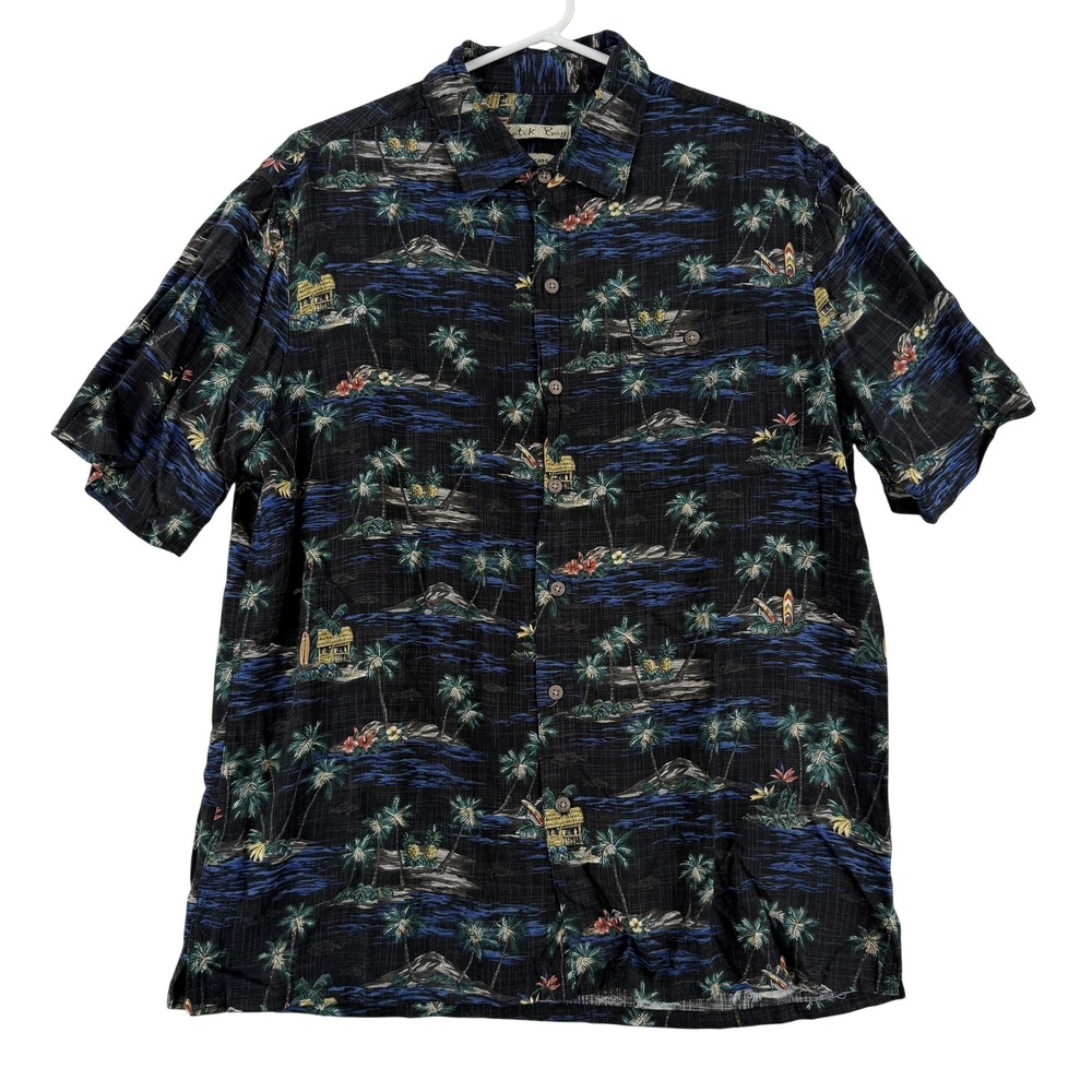 Batik Bay Shirt Mens Large Black Hawaiian Tropical Short Sleeve Button Up Casual